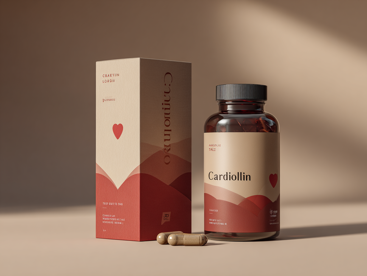 Cardiolin package - supliment natural pentru sprijinirea sănătății cardiovasculare și tensiunii arteriale normale în cutie modernă pe fundal neutru